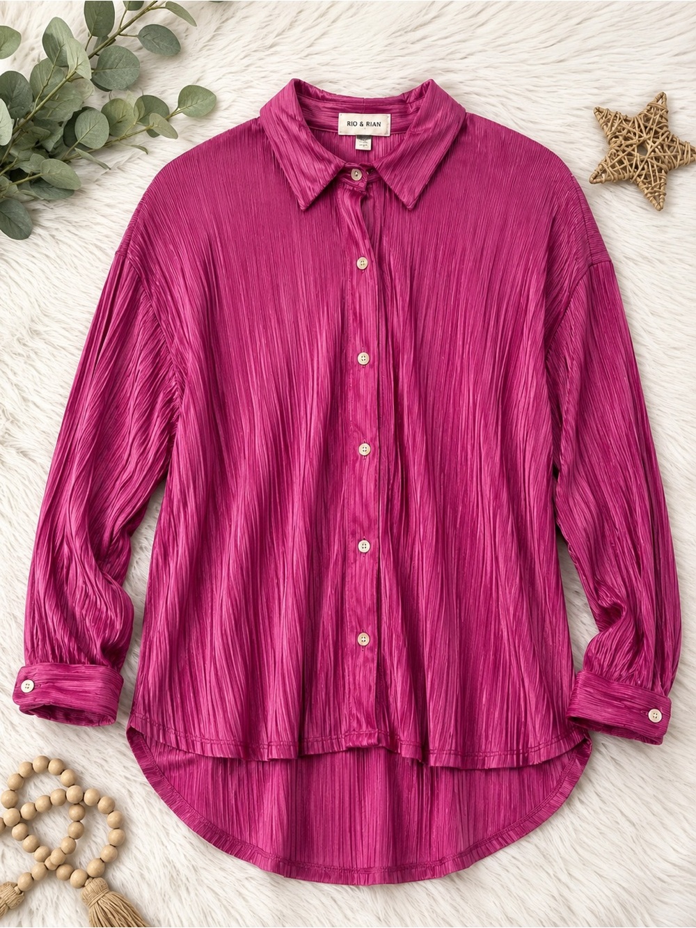 Rio & Rian Women’s Pink Magenta Pleated Button Down Blouse